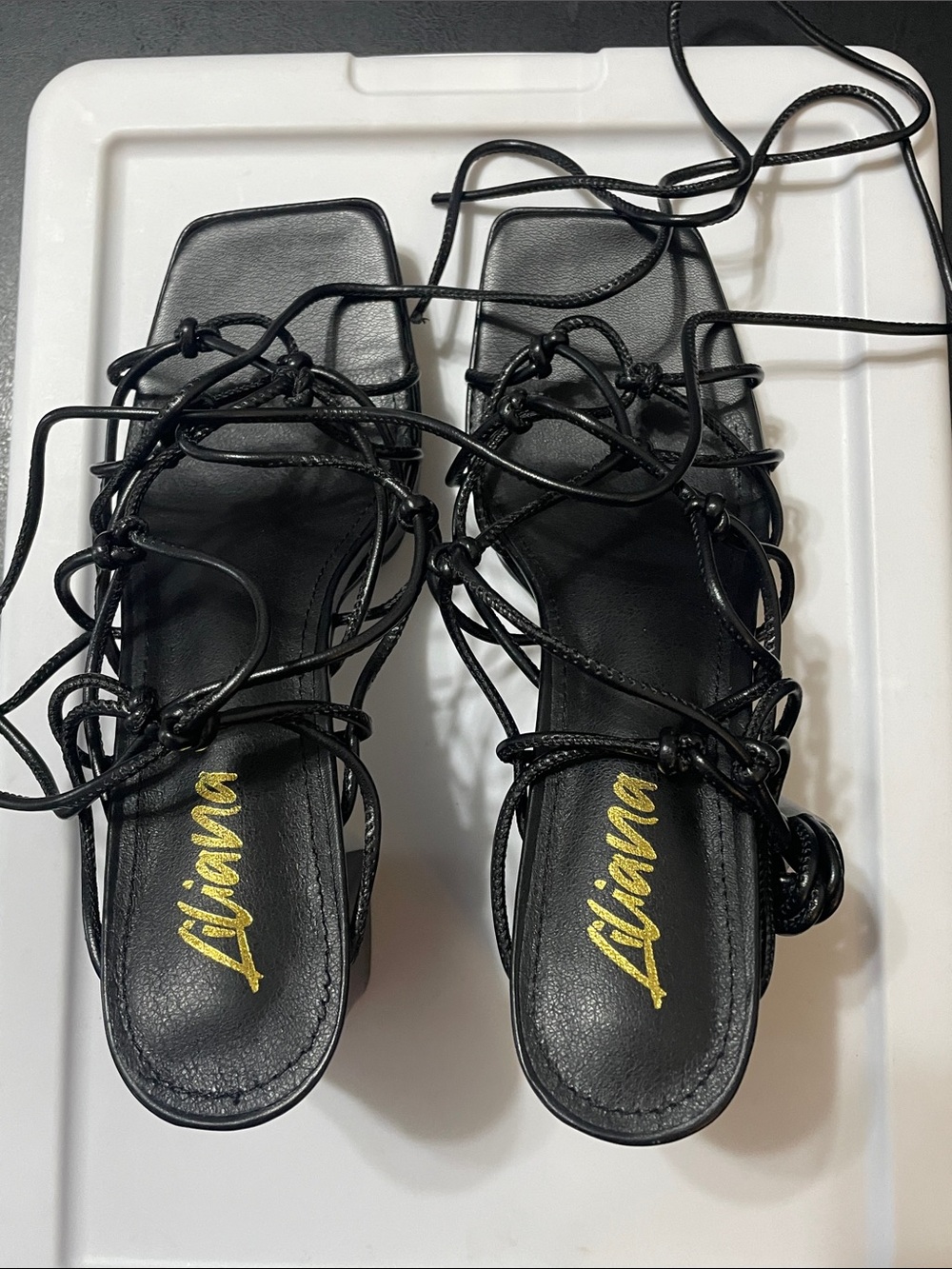 Liliana Black Betrix  Lace-Up Square Toe, Block Heeled Sandals NWT Sz. 8.5 women